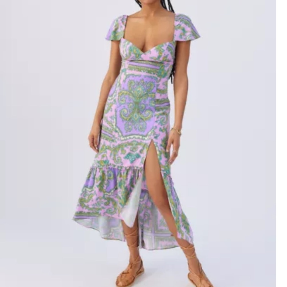 UO siren strapped back midi dress purple print